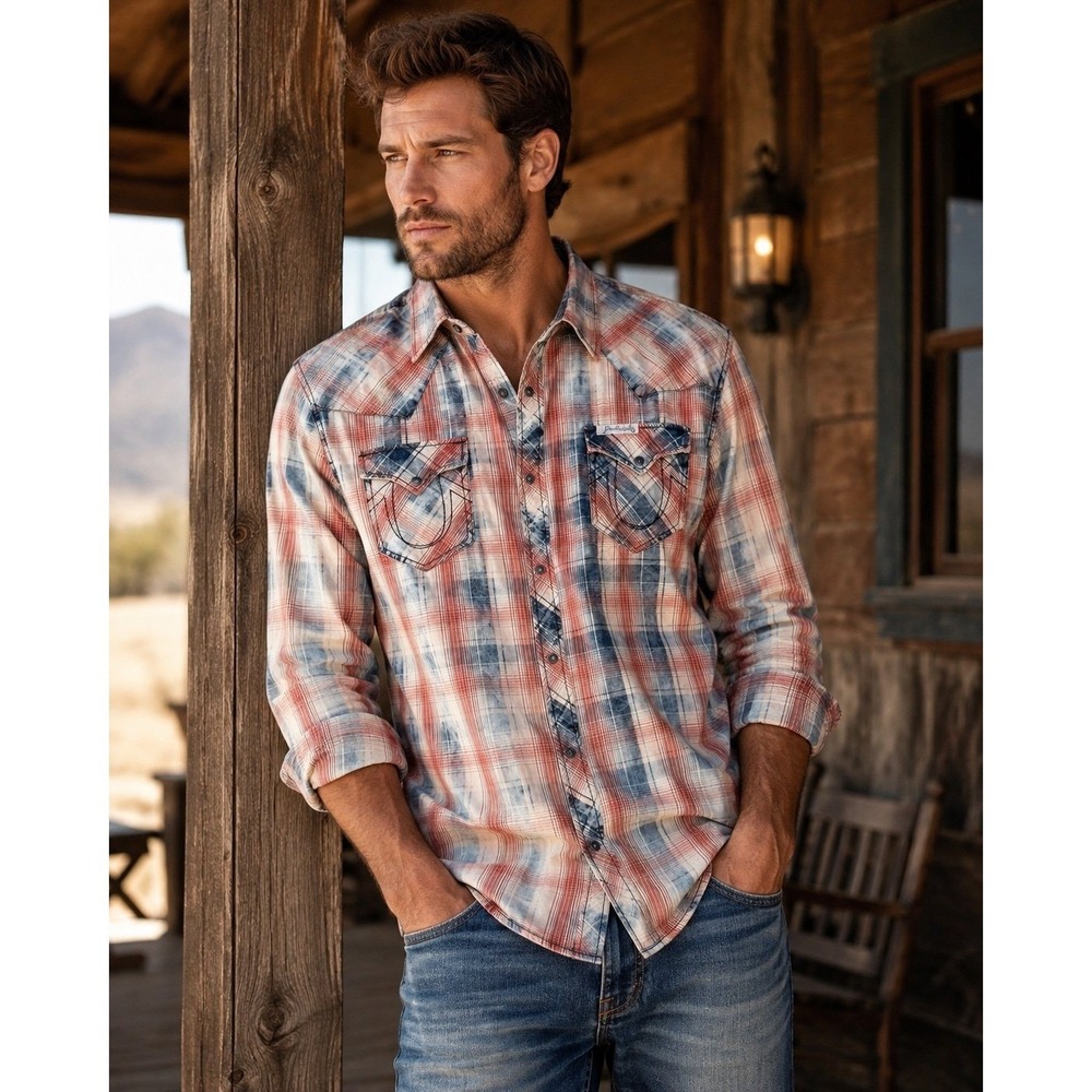 True Religion Mens XXL Plaid Western Shirt Red Blue Pearl Snap 100% Cotton